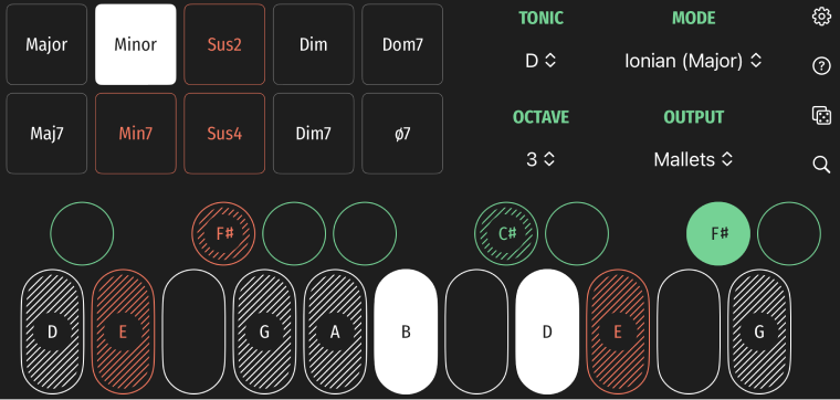 BloopKeys screenshot: tonic, mode, key finder, chord pads, and midi keyboard